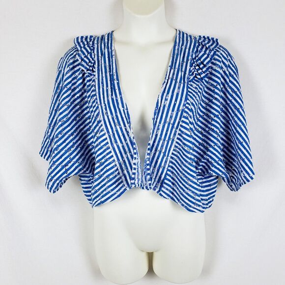 By Anthropologie Nautical Eyelet Shrug Cardigan Womens OS Blue Striped Boxy - Picture 1 of 9